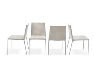 297 Roberto Barbieri (1942-2012) A set of four 'Alma' chairs for B&B Italia, late 20th/early 21st century Each marked in the molding to underside: B&B Italia / alma / Design Roberto Barbieri; with manufacturer's labels stamped: BA0D The stackable brushed steel frames wrapped in a removeable suede leather 4 pieces Each: 32.25" H x 17.75" W x 22" D Estimate: $300 - $500