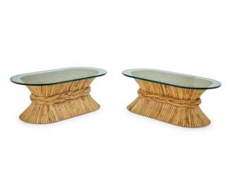 411 A pair of McGuire rattan 'Sheaf of Wheat' coffee tables Circa 1970s Each with oval glass top 2 pieces Each base: 17" H x 43" W x 20" D; Each glass top: 0.875" H x 48" W x 24.25" D Estimate: $400 - $600