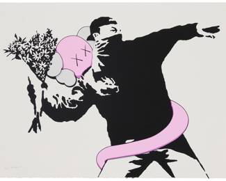 339 KLA (b. 1978) "BKFB," circa 2023 Screenprint in colors on white wove paper Edition: 10/100 (there was also an edition of 20 with hand-coloring added to the flowers) Signed and numbered in pencil near the lower left sheet corner: KLA, and with a blindstamp, presumably the artist's, in the same area; dated by repute 21" H x 30" W Estimate: $200 - $300