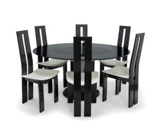 292 A set of six Pietro Costantini side chairs and Chromcraft Tulip dining table Late 20th century Each chair numbered to applied label: PIETRO COSTANTINI / Made in Italy; table unmarked The table with smoky glass top over an aluminum and plastic base with leather-wrapped top, with six black lacquered wood chairs, each seat upholstered in white leather 7 pieces Each chair: 42" H x 18.75" W x 19" D; Table base: 28.5" H x 36.25" W x 25" D; Glass: 60" W x 46" D Estimate: $400 - $600