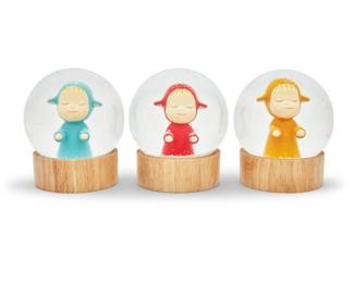 393 Yoshitomo Nara (b. 1959) "Little Wanderer" snow globes (red, yellow, blue), 2023 Resin, glass, polystyrene, and liquid From the edition of unknown size Each titled and inscribed on the underside: MoMA Little Wanderer © Yoshitomo Nara 3 pieces Each: 4.5" H x 3.75" W Estimate: $600 - $800