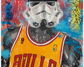396 Trip One (21st Century) Hustle (Bulls player with storm trooper helmet) Spray paint and stencil on canvas Signed with stenciled signature lower left: Trip One, with numerical signature lower right: 372; signed again verso Estimate: $500 - $700
