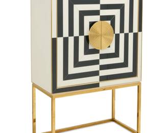 78 A Jonathan Adler 'Op Art Bar' cabinet Early 21st century With metal plaque applied to left side door interior: JONATHAN ADLER; factory label applied to underside The reverse-painted glass doors with polished brass pulls opening to reveal bottle racks and adjustable glass shelves above two drawers, raised on a polished brass base 58.5" H x 36.25" W x 19.5" D Estimate: $500 - $700