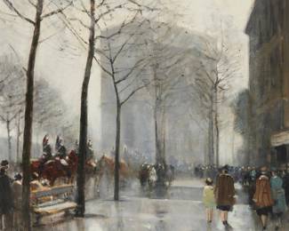 22 Jules Rene Hervé (1887-1981) "View of L'arc de Triomphe" Oil on canvas laid to board Signed lower left: Jules R. Hervé; titled by repute 18.125" H x 21.5" W Estimate: $700 - $900