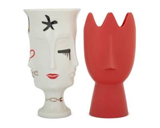 287 Two Modern art pottery figural vases Two works:  Alessandro Mendini (1931-2019) & Daniel Eltner (b. 1970) A 'Diavoletto Family' glazed ceramic vase, early 21st century Designed 2018 Printed factory marks to underside 14.5" H x 7.375" W x 5.625" D  Jonathan Adler (b. 1966) Dora Maar Graffiti urn, early 21st century Printed to underside: Muse / ['FAKE' over mask] / Jonathan Adler; with applied factory label 14.875" H x 7.875" Dia.  2 pieces Estimate: $300 - $500
