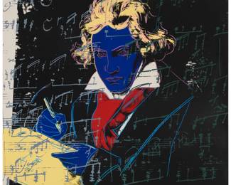385 After Andy Warhol (1928-1987) "Beethoven" Screenprint on Museum Board Edition: 145/3000; printed later Appears unsigned; titled from the certificate of authenticity; according to photocopies attached to the frame's backing board, numbered in pencil and stamped in blue ink all on verso: "published by Sunday B. Morning" and "fill in your own signature"; Sunday B. Morning, Belgium, prntr. and pub. Image/Sheet: 38" H x 38" W Estimate: $500 - $700
