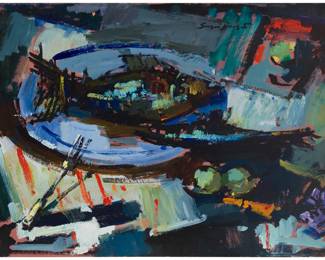 38 Sergei Bongart (1918-1985) Still life with plated fish Oil on Masonite Signed upper center: Sergei Bongart 29.125" H x 44.25" W Estimate: $1,000 - $1,500