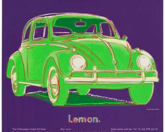386 After Andy Warhol (1928-1987) Volkswagen, from the "Ads" portfolio, 1985 Screenprint in colors on Lenox Museum Board From the edition of unknown size and date Unsigned; with the black ink stamps, verso: © Andy Warhol 1985 / Publisher: / Ronald Feldman / Fine Arts, Inc. / New York, and also "© 1960 Volkswagen of America, Inc. / Used with express permission.;" Rupert Jansen Smith, New York, NY, prntr., with his blindstamp near the lower left corner; Ronald Feldman Fine Arts, Inc. New York, NY, pub., with his blindstamp near both the lower left and lower right corners Image/Sheet: 38" H x 38" W Estimate: $500 - $700