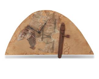 131 George Herms (b. 1935) "Good Times Charlie," 1980 Wood and paper assemblage with clock movement Unmarked 13" H x 24" W x 2.5" D Estimate: $800 - $1,200