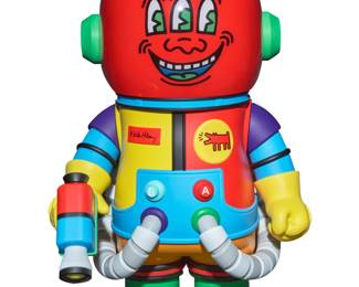 267 After Keith Haring (1958-1990) x Pop Mart Mega Collection "Space Molly" 1000% figurine, 2021 With factory marks in the molding under feet: kennyswork PVC and ABS plastic, with articulated helmet visor and arms, and swiveling head 27.25" H x 17.5" W x 16.5" D Estimate: $300 - $500