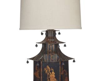 409 A Chinoiserie tole pagoda form table lamp Circa 1970s The base gilt-decorated depicting alternating chinoiserie figural scenes and buildings, the corners with suspended bells, issuing a single light, surmounted by a hemp fabric conical shade and carved wood ball finial, electrified Lamp: 29" H x 12.5" H x 11.5" D; Shade: 11.25" H x 16.25" Dia. Estimate: $300 - $500