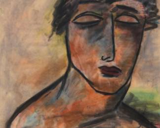 262 Jamali (b. 1944) "Portrait of an Artist," 1989 Pastel on paper Appears unsigned; titled and dated by repute; with the artist's studio label affixed to the frame's backing paper Sheet: 26" H x 20" W Estimate: $700 - $1,000