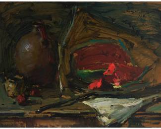 45 Sergei Bongart (1918-1985) Still life with watermelon, 1962 Oil on board Signed and dated upper left: Sergei Bongart / 1962.; signed, dated, and inscribed "Laguna Beach, California," in Cryillic, all verso 30" H x 40" W Estimate: $800 - $1,200