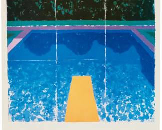 241 After David Hockney (b. 1937) "Paper Pools" invitation, 1979 Offset lithograph in colors on glossy paper tipped into a folded wove paper invitation card, as issued From the edition of unknown size Unsigned; with the invitation text printed on the left-hand side of the open card Image: 6.5" H x 7.5" W; Invitation folded: 8.75" H x 8.625" W; Invitation overall: 8.75" H x 17.25" W Estimate: $500 - $700