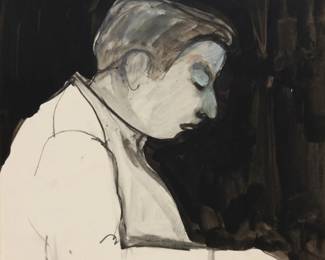 28 William Theophilus Brown (1919-2012) "Portrait of A.P.," 1965 Ink and gouache on paper Signed and dated lower right: Wm. Theo Brown 65; titled on a gallery label affixed to the frame's backing paper Sight: 16.5" H x 13.5" W Estimate: $500 - $700