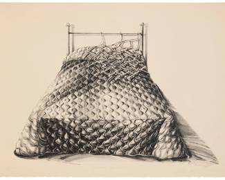   Back to catalog 188 Karen Hansen Carson (b. 1943) "Offence Spread," 1973 One-color lithograph printed in one run from one stone on Arches paper A bon à tirer impression (aside from the Cirrus proofs, Artist's proofs, Printer's proofs, cancellation proof and numbered edition of 30) Signed, titled, dated, and inscribed "BAT" in pencil in the lower margin: Karen Hansen Carson 2/14/73; Cirrus Editions, Los Angeles, CA, pub. with their blindstamp lower left and their pencil work number, 95C-KC-73, verso Image: 14.75" H x 21.5" W (irreg.); Sheet: 18" H x 25" W Estimate: $500 - $700