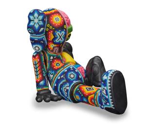 336 Rick (CHROMA) Wolfryd (b. 1953) After KAWS "Resting in Place," 2026 Photopolymer resin and Huichol-style beads From the edition of 100 Signed, titled, and with the artist's devices on the undersides of figure: CHROMA aka Rick Wolfryd / TP .0046; impressed: © KAWS..13 / MEDICOM TOY / 2013 / CHINA 8.625" H x 10.125" W x 8.625" D Estimate: $600 - $800