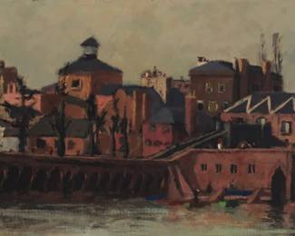 99 Roger Kuntz (1926-1975) European town Oil on cardboard Signed lower left: Roger Kuntz 21" H x 52.75" W Estimate: $2,000 - $3,000