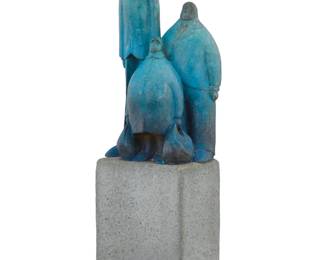 288 Gary Hughes (1930-2016) "Bus Stop Blues," 1986 Cold-painted bronze on cement plinth Edition: 8/20 Signed, dated, and numbered in the casting: hughes / © [artist's cipher] Bronze: 9" H x 5" W x 3.625" D; Overall: 15.25" H Estimate: $400 - $600