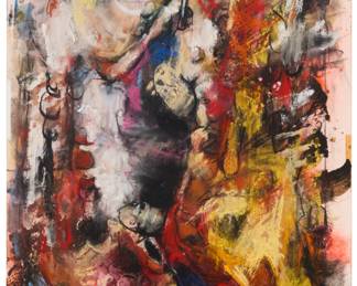 67 Jim Morphesis (b. 1948) "Meat Study #104," 2005 Oil, enamel, gouache, pastel, charcoal, joint compound, and collage on paper Signed lower right: Morphesis; titled and dated on two gallery labels affixed to the frame's verso and backing board Sheet: 18" H x 13" W Estimate: $400 - $600