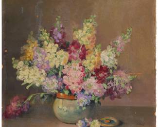 35 James Longacre Wood (1889-1975) Still life with flowers Oil on board Signed lower right: J.L. Wood 13.75" H x 15.75" W Estimate: $700 - $900