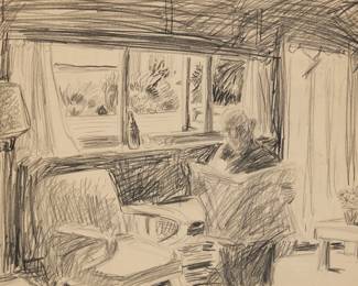 48 Paul Wonner (1920-2008) Untitled (interior with man reading newspaper), 1980 Pencil on paper Signed lower right: Paul Wonner, dated by repute Sight: 17.375" H x 23" W Estimate: $700 - $900