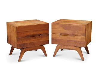 368 A pair of Modern nightstands Late 20th/early 21st century Each unmarked Each with two drawers and recessed pulls, raised on angled tapered legs 2 pieces Each: 23" H x 22" W x 17" D Estimate: $300 - $500