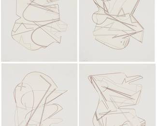 183 Michael Heizer (b. 1944) The set of four plates for the "Hard Edge Etchings" portfolio, 2016 Shaped-plate etchings with aquatint in colors on Somerset Satin paper Edition: 2/28 Each signed with initials, dated, and numbered in pencil in the lower left margin corner: MMH 16, Michael Heizer/Durham Press, Durham, PA, prntr., with their blindstamp in the lower left margin corner Plate of each: Variable; Sheet of each: 22" H x 19.25" W Estimate: $1,500 - $2,500