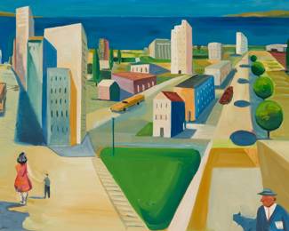 51 Alejandro Rubio (b. 1963) "Bay City," 2005 Oil on canvas Signed lower left: A. Rubio; signed again, titled, and dated: Alejandro Rubio / 2005, all verso 36" H x 48" W Estimate: $500 - $700