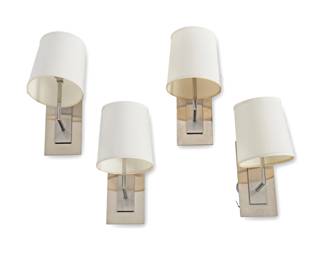 298 Christian Liaigre (1943-2020) A set of four Modern sconces, 1990s Each minimalist steel wall-mounted sconce with single light and cylindrical fabric shade 4 pieces Each: 9.5" H x 4.5" W x 5.5" D Estimate: $600 - $800