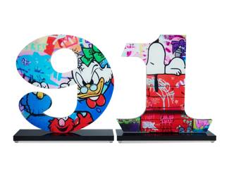 378 Dimitri (FAT) Barilko (b. 1991) "Nine Scrooge" and "One Snoopy," 2022 Acrylic on acrylic base Edition of each: 1/10 Each signed and numbered to label applied to underside: Artiste: FAT / [artist's cipher] 2 pieces Nine overall: 12.75" H x 12.25" W x 4.75" D; One overall: 12.875" H x 11.875" W x 4.75" D Estimate: $500 - $700