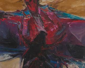 260 Fred Samuelson (1925-2015) "Corrida #5" Oil on canvasboard Signed lower right: Fred Samuelson; titled in ink on a partial gallery label affixed to the frame's backing board Sight: 11.75" H x 9.75" W Estimate: $400 - $600
