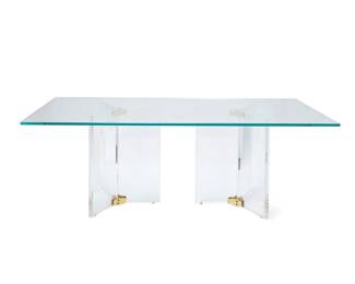 364 A Restoration Hardware 'Lazio' dining table Early 21st century With glass top over two acrylic X-form supports joined by brass brackets Overall: 30.5" H x 84" W x 41.5" D; Each support: 29.5" H x 24.5" Dia. Estimate: $1,000 - $2,000
