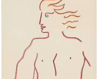 32 Jean Cocteau (1889-1963) Modernist figure Pastel on Canson paper Signed and with his device, lower right: Jean Cocteau; inscribed in pencil with a large letter "A" in a circle, verso, presumably in another hand Sheet: 19.5" H x 14.5" W Estimate: $2,000 - $3,000