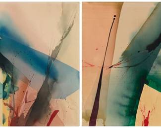 72 Peter Kitchell (b. 1950) "One Eye," diptych, 1982 Each watercolor and gouache on paper over panel Each signed, titled, and dated verso: Peter Kitchell 1982; each section also inscribed, verso, with sequence information for display Each: 40" H x 52" W; Overall: 40" H x 104" W Estimate: $800 - $1,200