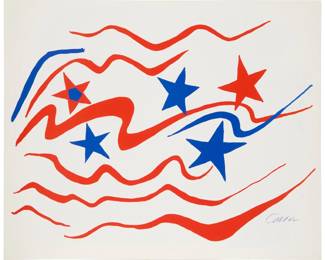 2 After Alexander Calder (1898-1976) "Stars and Stripes," from the Braniff Airways "Flying Colors" travel campaign, 1976 Lithograph in colors on wove paper From the edition of unknown size Signed lower right in the image: Calder; Braniff International Airways, pub.; together with the original Braniff Airways translucent paper printed wrap Image: 9.75" H x 13.5" W (irreg.); Sheet: 11" H × 14" W Estimate: $400 - $600