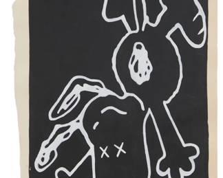 333 KAWS (b. 1974) Falling Snoopy, circa 2011 Paint, possibly a screenprint, on paper Possibly from an edition of unknown size and date Signed and presumably dated in pencil in the lower margin, at right: KAWS 11; a black ink stamp, "Metropolitan Galleries," verso, possibly inherent to the original sheet selected by the artist Image: 10.625" H x 7.375" W; Sheet: 11.75" H x 8.25" W (irreg.) Estimate: $600 - $800
