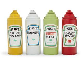 250 Pukez (21st Century) Four spray paint cans after condiments, circa 2020s Each with graphic element and numbered to underside, mustard: #10; mayonnaise: #8; relish: #10; ketchup: #13 Spray-painted spray paint cans, each with applied printed paper label 4 pieces Each: 7.625" H x 2.625" Dia. Estimate: $200 - $300