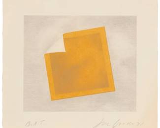 212 Joe Goode (b. 1937) Untitled (Yellow Square), 1971 Two-color lithgraph and screenprint printed in two runs from one stone and one screen (clear yellow varnish) on Copperplate Deluxe paper A bon à tirer impression (aside from the Cirrus proofs, Artist's proofs, Printer's proofs, Cancellation proof and the numbered edition of 110) Signed, dated, and inscribed "BAT" in pencil in the lower margin: Joe Goode '71; Cirrus Editions, Los Angeles, CA, prntr. and pub., with their blindstamp in the lower right margin corner and their pencil work number, 31C-JG71, verso Image: 5.875" H x 6.875" W; Sheet: 8.5" H x 9.5" W Estimate: $400 - $600