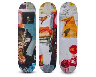 361 After Robert Rauschenberg (1925-2008) A skateboard deck triptych after "Overdrive" (1963) by The Skateroom, 2016 From the edition of 300 Each top printed: ART FOR GOOD / [printed Rauschenburg signature] / THE SKATEROOM Screen-printed skateboards housed in original cloth case 3 pieces Each: 31.75" L x 8" W Estimate: $600 - $800