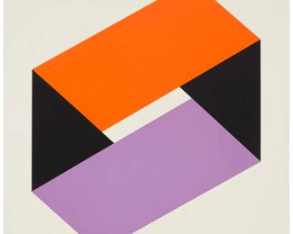 221 Jules Engel (1909-2003) Geometric orange, purple, and black, 1971 Screenprint in colors on paper A bon à tirer impression, aside from the purported edition of 30 Signed and inscribed "BAT" in pencil in the lower margin: Jules Engel; Cirrus Editions, Los Angeles, CA, pub., with their blindstamp in the center of the lower margin, and their pencil work number, 41CS-JE71, verso Image: 25" H x 20" W; Sheet: 29" H x 25" W Estimate: $400 - $600