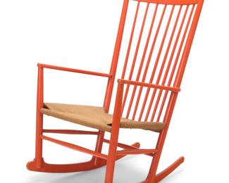 169 Hans Wegner (1914-2007) A J16 rocking chair for FDB Møbler, mid-20th century Designed 1944 Impressed under armrest: FDB / MADE IN DENMARK / 62 / 5 / 4 Painted wood, with spindle back and curved armrests above a paper cording seat, raised on rockers 42.25" H x 25.25" W x 35" D Estimate: $500 - $700