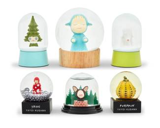 392 Yoshitomo Nara (b. 1959) & Yayoi Kusama (b. 1929) A group of six snow globes, 2019-2020s Six works:  Yoshitomo Nara (b. 1959) Four snow globes, 2020s Each from an edition of an unknown size Each with factory marks, titled, and inscribed on the underside: © Yoshitomo Nara Comprising "Little Wanderer" (blue) (2023), "Miss Forest" (2024), "Aomori Dog" (2023), and "Dreaming in the Fountain Snow Globe" (2001) 4 pieces Largest: 4.5" H x 3.75" Dia.  Yayoi Kusama (b. 1929) Two snow globes for MoMA, 2019 Each with printed title and: YAYOI KUSAMA Comprising "Pumpkin" and "Yayoi" 2 pieces Each: 3.25" H x 2.5" Dia.  6 pieces Estimate: $600 - $800