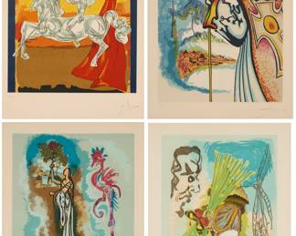 3 After Salvador Dalí (1904-1989) Set of four plates, for "Ivanhoe," 1977-78 The set of four lithographs in colors on wove paper Edition: 182/250 (the total edition also included 150 on Japan paper) Each signed and numbered in pencil in the lower margin: Dalí Image of each: 23" H x 17" W (approx.); Sight of each: 27" H x 20" W Estimate: $2,000 - $3,000