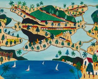 57 Préfète Duffaut (1923-2012) "Häiti Imagination," 1962 Oil on Masonite Signed, titled, dated, and inscribed lower left: Le 26 Juillet 1962 / Préfète Duffaut, Jacmel / Häiti Imagination 20.25" H x 32" W Estimate: $600 - $800