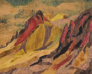60 Jean Deyrolle (1911-1967) Mountainous abstract Mixed media and collage on Masonite Signed lower left: J Deyrolle; bears faint inscription, "Kurt Schwitters," in the lower left quadrant 16" H x 20.25" W Estimate: $3,000 - $5,000