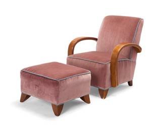 17 An Art Deco style upholstered armchair and ottoman Late 20th century Chair with factory label applied to underside: SAM MOORE FURNITURE With sloping armrests, upholstered in a pink velvet fabric with powder blue cording, together with conforming ottoman 2 pieces Chair: 37.5" H x 31.5" W x 36.5" D; Ottoman: 16.5" H x 25.5" W x 22.5" D Estimate: $400 - $600