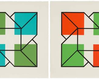 220 Jules Engel (1909-2003) "Untitled," 1968; and "Untitled," 1968 Each: Lithograph in colors on wove paper Each: A bon à tirer impression, aside from the purported edition of only 10 [blue/green], and of only 20 [red/green] Each signed and inscribed "B.A.T." in pencil, verso: Jules Engel; each inscribed "J. Green" in pencil, verso; Jean Milant, prntr.; Tamarind Lithography Workshop, Los Angeles, CA, pub.; each with the printer's and publisher's blindstamps in the lower right margin corner, and the Tamarind pencil work number, 2471 II (on the verso of one); and 2471 STI (on the verso of the other)  Two works Image of Each: 15.125" H x 15.125" W; Sheet of Each: 21.125" H x 21.125" W Estimate: $400 - $600