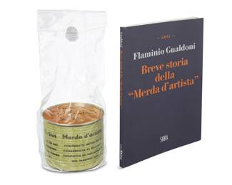 356 After Piero Manzoni (1933-1963) "Merde d'Artiste" 50th Anniversary Edition, 2013 Tin can Edition: 89/9000 Together with: Gualdoni, Flaminio. "Breve storia della 'Merda d'artista'." Milan, Italy: Skira, 2015 2 Pieces Can: 2.5" H x 3" Dia.; Book: 6.75" H x 5" W x 0.25" D Estimate: $400 - $600