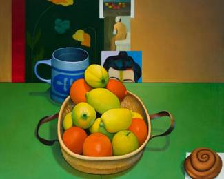 47 Frank Damiano (20th Century) "The Cinnamon Roll," 2008 Oil on canvas Signed and dated lower right: Damiano '08; signed again, Frank Damiano, titled, and dated 2008 (each twice), and also presumably signed and dated '08 again, in cursive, all on the verso and/or on the stretcher 36" H x 36" W Estimate: $500 - $700